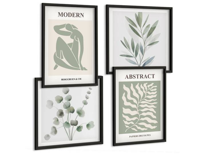 BILDER SET 4er Set - 50x50 cm & 40x60 cm Schwarzer Rahmen - Matisse entwirft Boho-Pflanzen