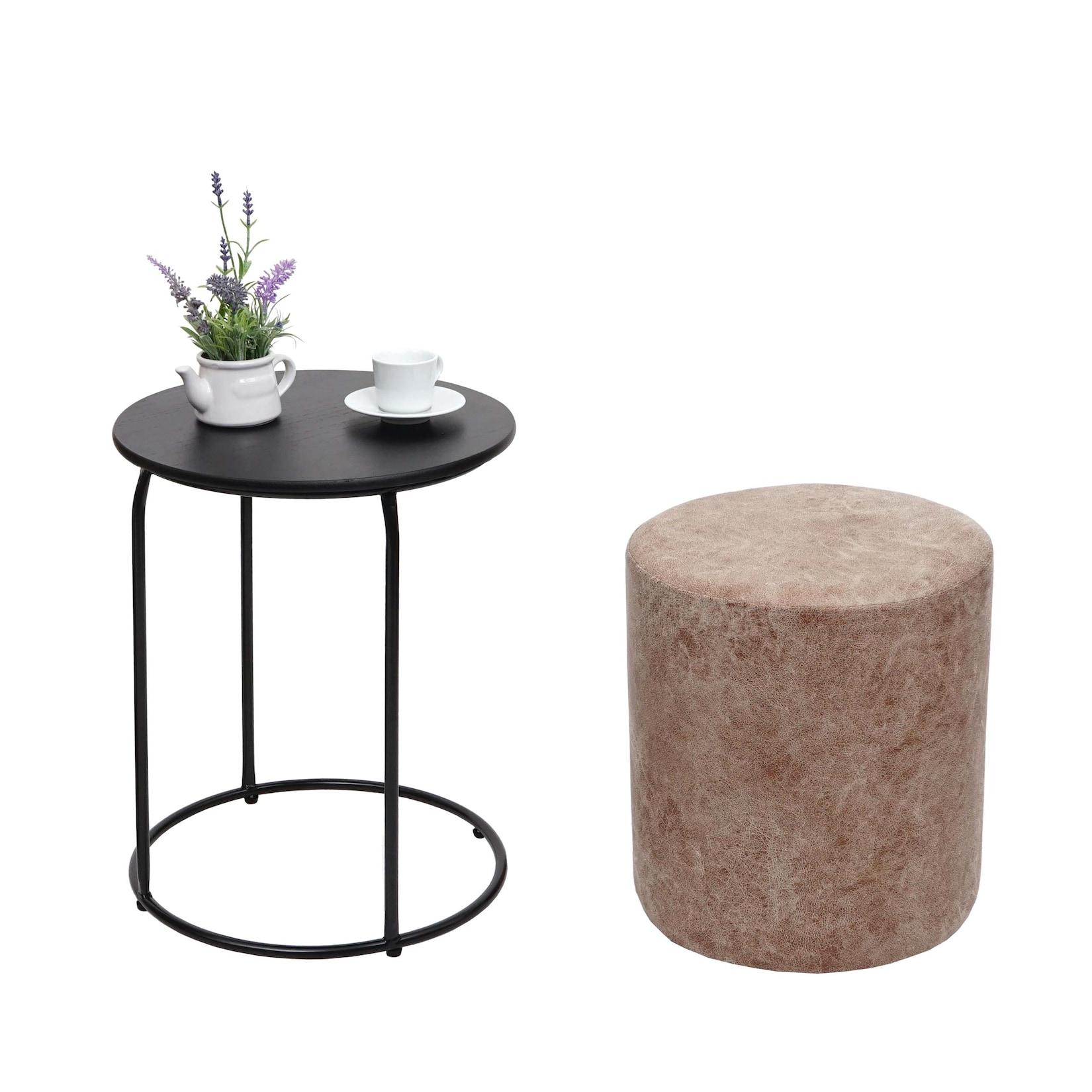 Set Sitzhocker und Beistelltisch MCW-K48, Kaffeetisch Tisch Hocker, MVG-zertifiziert MDF Metall Kunstleder ~ braun