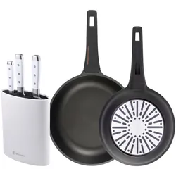 BERGNER - Set mit 2 Bratpfannen Ø24/28cm aus Aluminiumguss mit Bakelitgriff mit 3-teiliges Edelstahlmesser-Set mit Messerblock