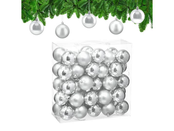 Relaxdays Weihnachtskugeln Silber 50er-Set Kunststoff matt glänzend, Silberfarben, 6x7x6 cm, Dekoration, Weihnachtsdekoration, Christbaumschmuck