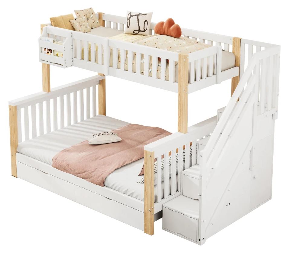 Kinder-Etagenbett - Multifunktionales Doppelbett - Holz - Stauraum - Treppe mit Schrank - Selbstmontage - Ohne Matratze - Weiß/Natur