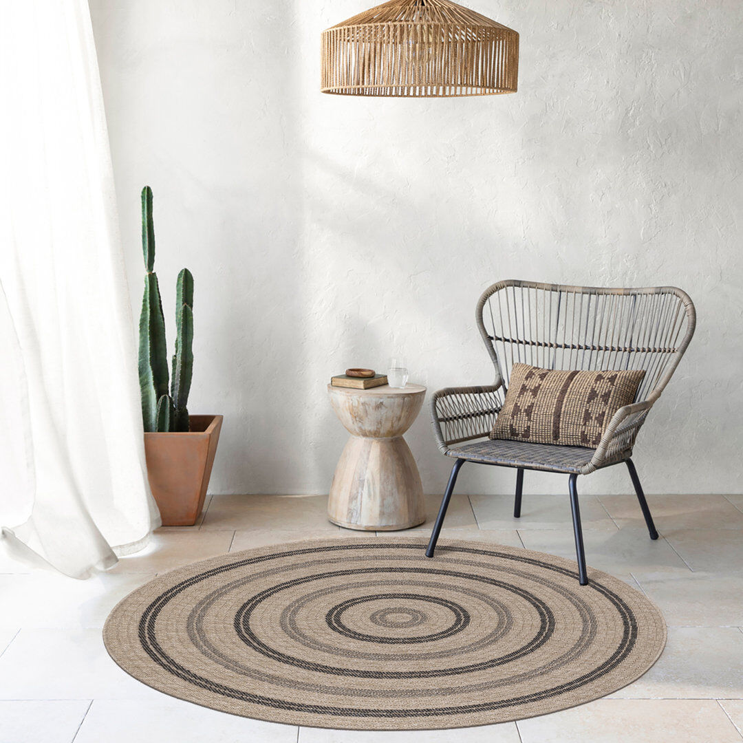 17 Stories Round Boho Jute-Look Beige Black Area Rug Beige;Brown;Black Round 160cm