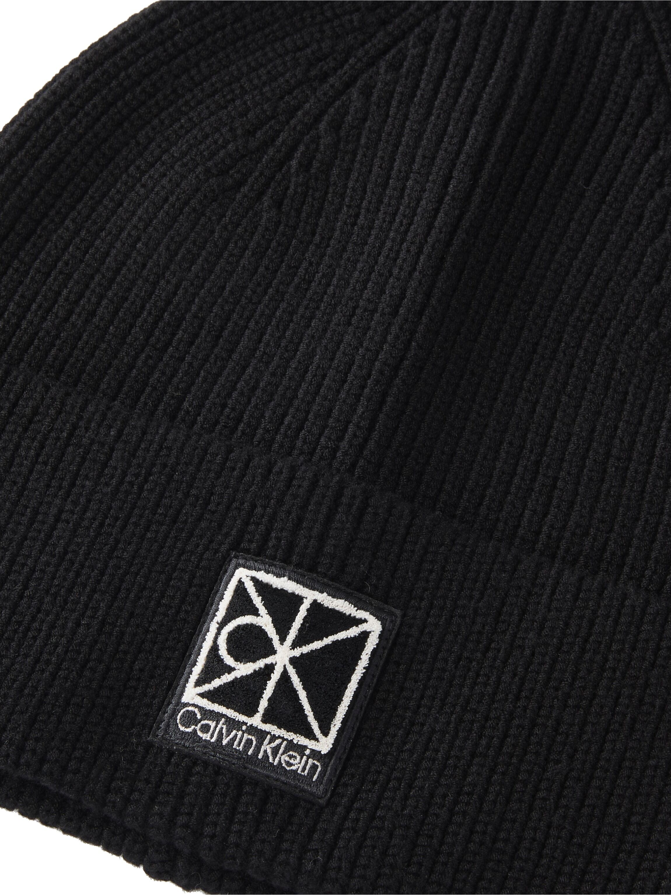 Beanie CALVIN KLEIN JEANS "EMBLEM SQUARE RIB BEANIE", Damen, schwarz, Strick, Viskosemischung, unifarben, Mützen Beanie, Regular fit mit Markenlogo schwarz Einheitsgröße
