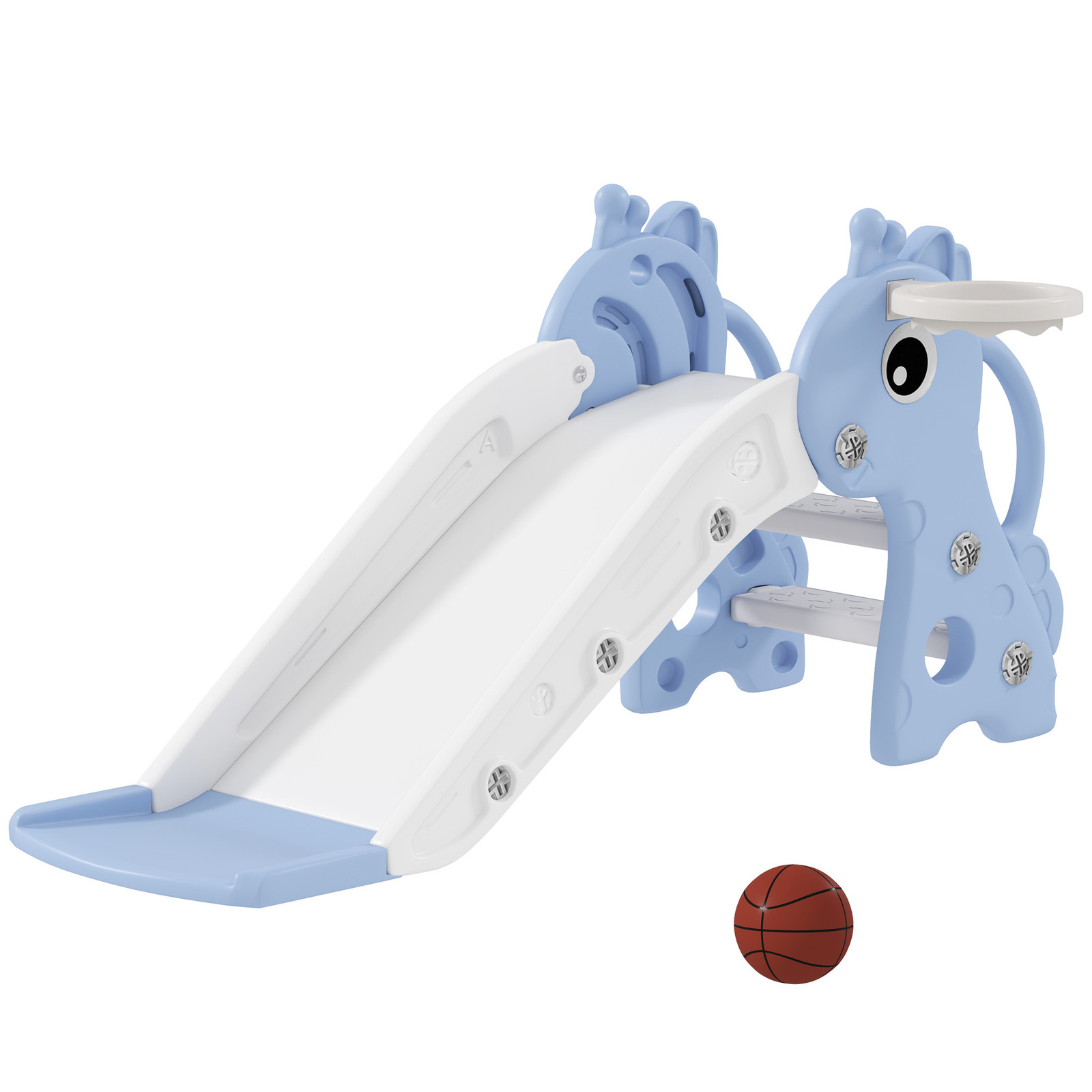 AIYAPLAY 3-in-1 Kinder Glijbaan in Giraffenvorm met Basketbalring en Bal, Blauw