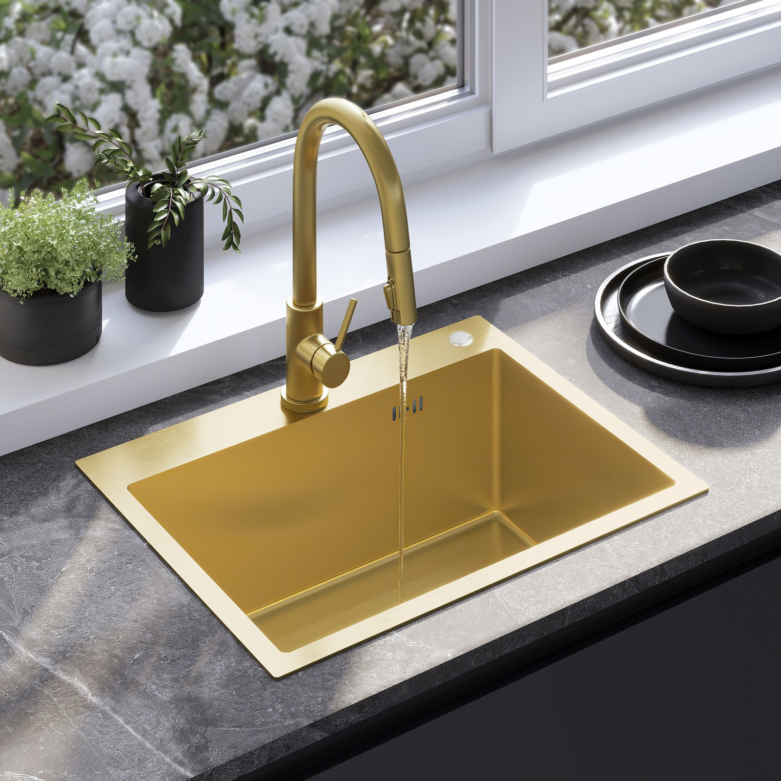 Rea Stalen Spoelbak Liam Brush Gold zonder keukenkraan