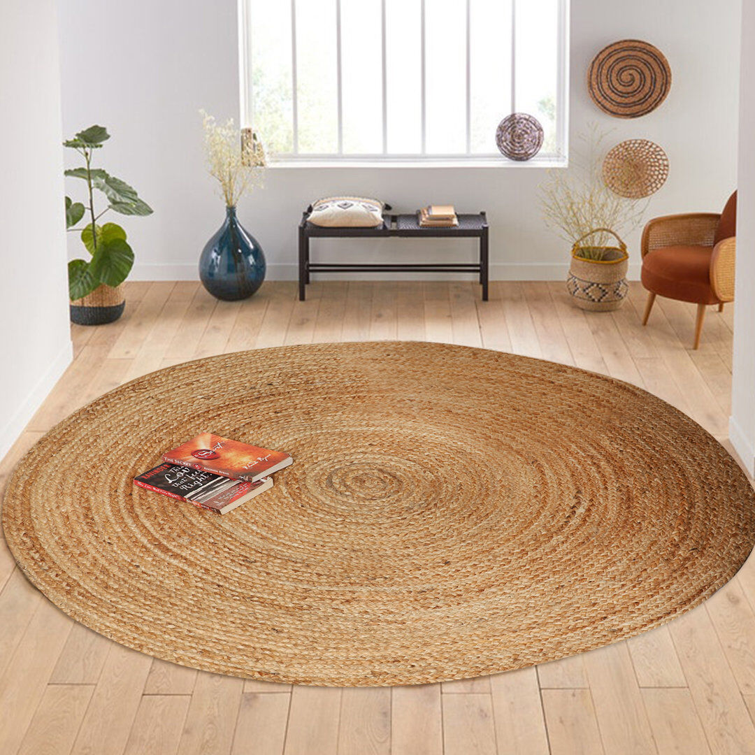 House of Hampton Juna Solid Colour Hand Woven Hand Knotted Natur Area Rug Beige Round 150cm