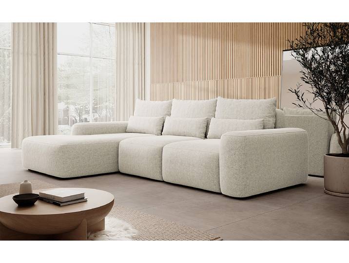 Ecksofa mit Schlaffunktion Weiß/Hellbeige Webstoff 264 x 82 x 162cm Longchair davorstehend links mit Schlaffunktion Modern