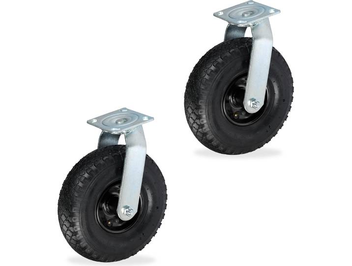 Relaxdays Lenkrollen 2er Set, luftbereift, 3.00-4, Schwerlastrollen, Platte zum Anschrauben, bis 240 kg, schwarz