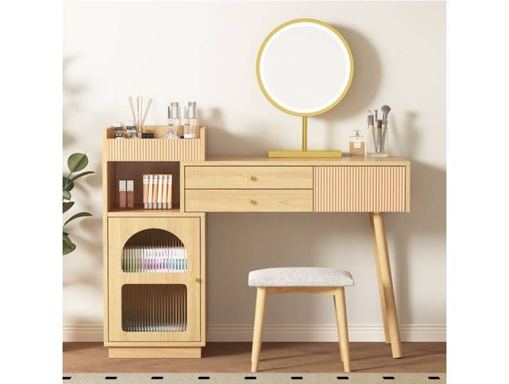 WUVRIE Coiffeuse avec miroir LED tricolore 3 tiroirs placard lateral tabouret coloris naturel 120 x 40 x 90 cm