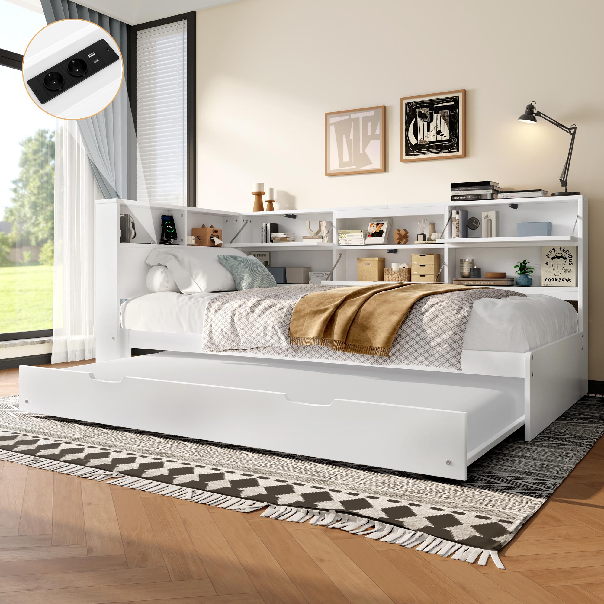 Daybett,Schlafsofa,90x200cm,Kopfteil mit Staufach,Ausziehbares Bett,Ohne Matratze,Weiß