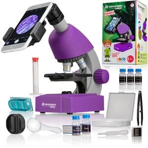 Bresser Mikroskop Junior, analog, mit Durchlicht, für Kinder, mit 20-tlg. Experimentierset, lila, Vergrößerung 40x-640x