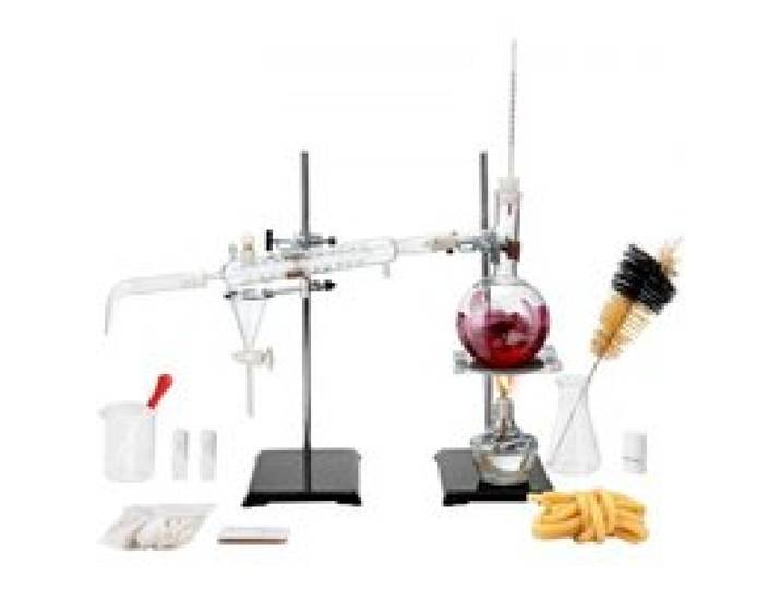 VEVOR Destillationsset für ätherische Öle, 500-ml-Destillationsgerät, 3,3-Boro-Laborglas-Destillationsset mit Alkohollampe, Keramiknetz und 24-, 40-Verbindung, 28-teiliges Set