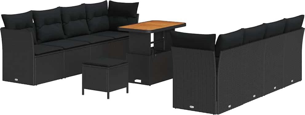 Gartensofa-Set 11-teilig, modular, Poly-Rattan & Akazienholz, UV-beständig, pulverbeschichteter Stahlrahmen, 10 Sitzplätze, Schwarz