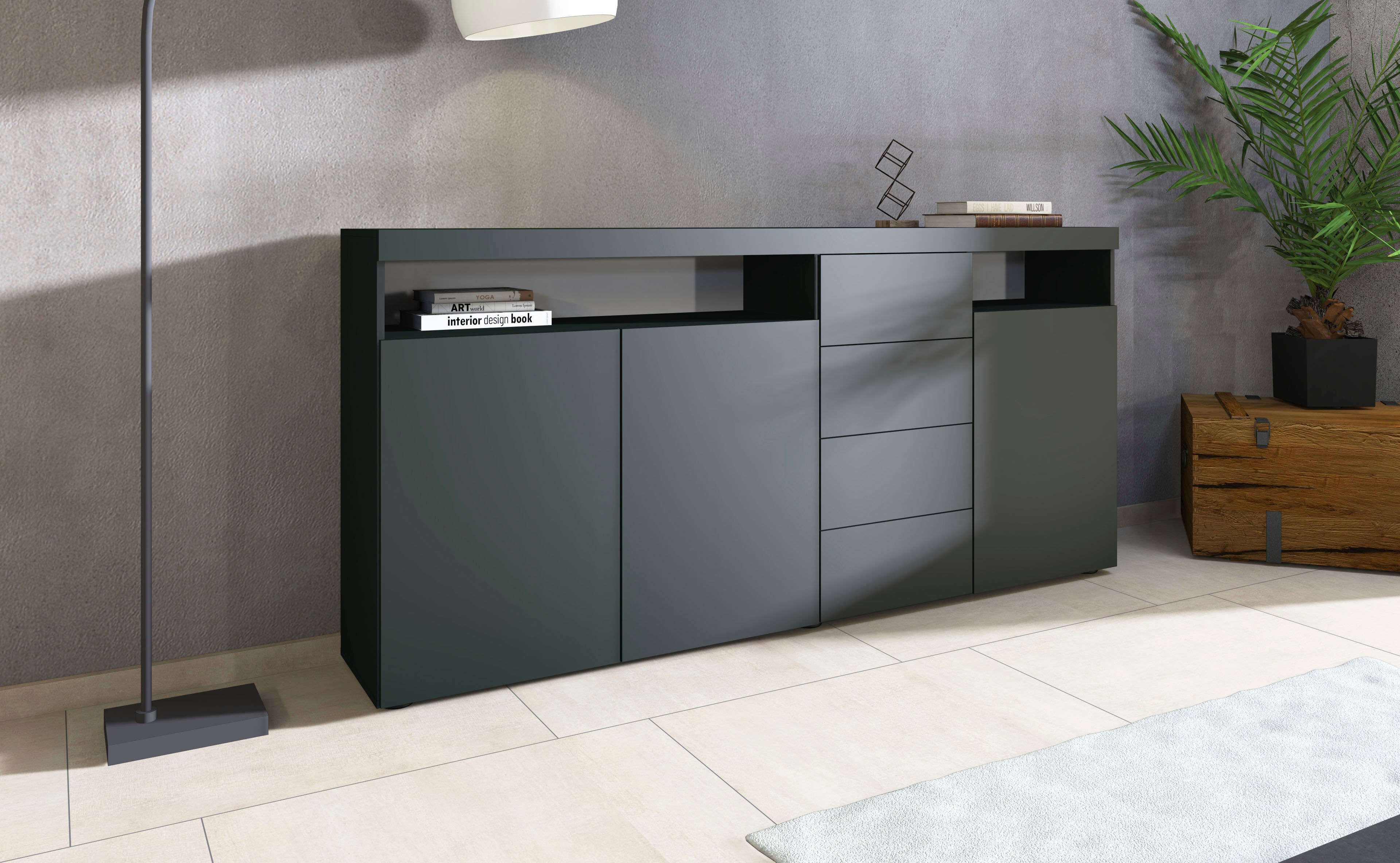 Highboard BORCHARDT MÖBEL "Kapstadt, Breite 200cm, Kommode mit Drucköffner", schwarz (schwarz, matt), B:200cm H:93cm T:35cm, Holzwerkstoff, Sideboards, Highboard, Türen, Schubladen, offene Fächer, viel Stauraum, praktisch, modern schwarz, matt B/H/T: 200c