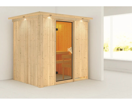 Plug & Play Sauna Karibu Wanja ohne Ofen mit Dachkranz und bronzierter Ganzglastüre