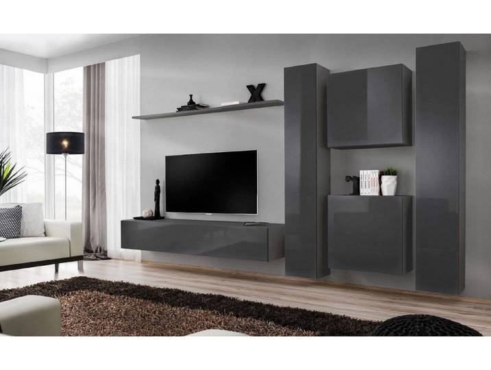 Xlmoebel Wohnwand Elegante graue Wohnwand für stilvolles Wohnen, (7-St., 1x Wohnwand + 1x TV Ständer + 4x Wandschrank + 1x Wandregal), Hergestellt in Europa