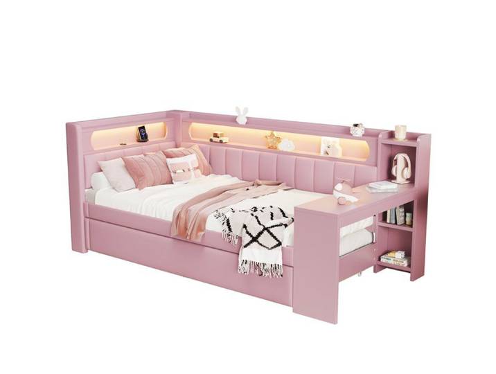 VLIVRA Lit Banquette Lit Simple gigogne USB LED réglable et bureau 90×200 cm et 90×190 cm sans matelas rose
