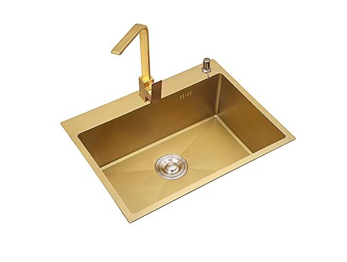 MYUYEE Spüle, Küche, 304 Edelstahl, goldene Spüle, integrierte Einzelbecken-Spüle, Balkonspüle, Wasserhahn (Golden 60 x 45 x 20 cm)