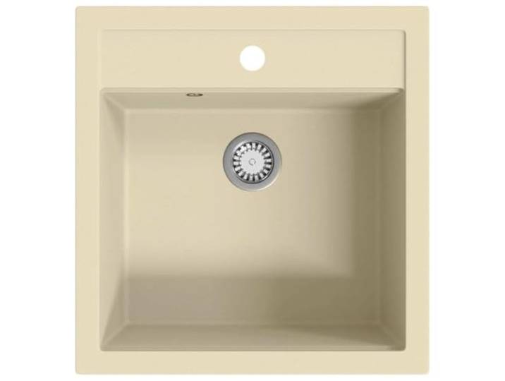 Xhnifbn Granitspüle Einzelbecken 49x51cm Einbauspüle Beige Hitzebeständiges Spülbecken bis 280°C für die Küche, passend ab 50 cm Unterschrank mit Siebkorb.