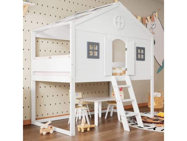 Lit cabane 90x200 avec échelle garde-corps et rangement pour enfant