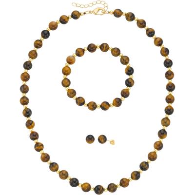 Schmuckset FIRETTI "Multipack Schmuck Geschenk Ohrstecker Armkette Halskette Kügelchen", braun (gelbgoldfarben, braun, braun), Schmuck_Sets, Damen, Elasthan, Messing, Polyester, Schmuckset, mit Tigerauge