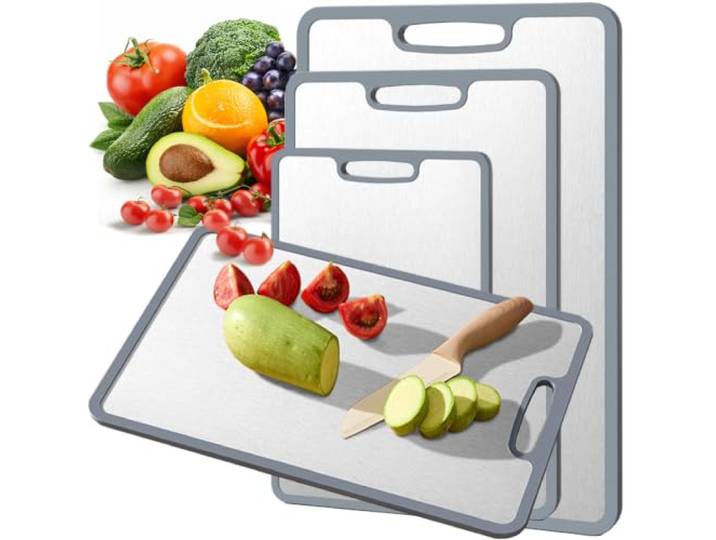 Titan-Schneidebrett 3er-Set,doppelseitige rutschfeste Silikonkante,Schneidebretter aus reinem Titan für die Küche, doppelseitiges Schneidebrett in Lebensmittelqualität,Thawable Tray