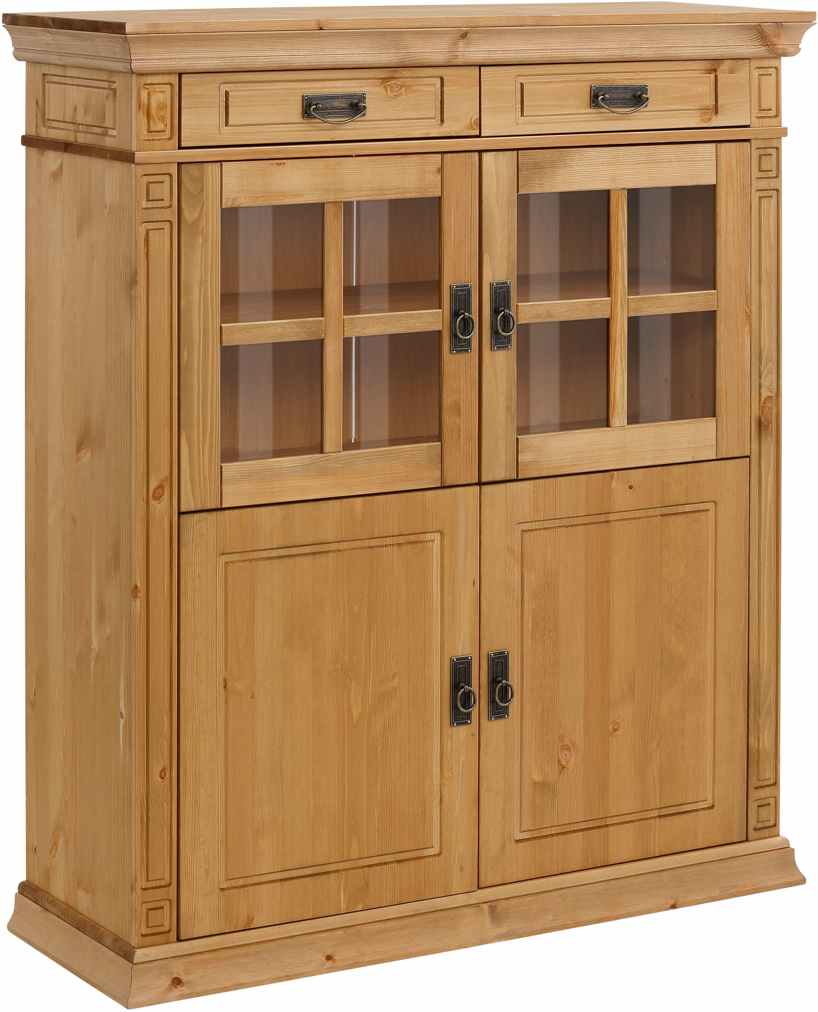 Highboard GOODPRODUCT "Vinales, 2 Schubladen, 4 Türen, 3 Einlegeböden, Griffe im Jugendstil", beige (natur, geölt), B:112cm H:130cm T:39cm, FSC-zertifiziertes Massivholz, Sideboards, Highboard, Vitrine, Messinggriffe im Jugendstil, Kiefer, FSC natur, geöl