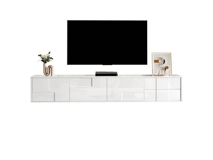 Flieks Tv-Schrank 170cm Weiß Hochglanz grifflos Stauraum modern, 30x30.5x170 cm, Wohnzimmer, TV Möbel, Lowboards, Lowboards stehend