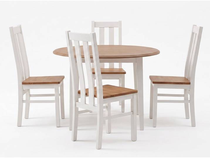 Feldmann-Wohnen Essgruppe Belluno Elegante, (einzigartige Holzmaserung, Tischplatte rund, mit Stühlen, 5-tlg., moderne Optik, Tischplatte rund, mit Stühlen), 90x90x74,5cm Massivholz Kiefer Weiß