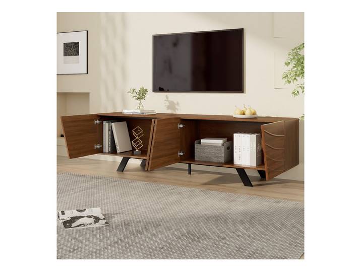REDOM Lowboard TV-Schrank 160x39x50,5 cm Walnuss mit Wellenfront und Eisenbeinen (Packung, 1 St., MDF), mit schwarzen Eisenbeinen, Kabelmanagement und Ablage