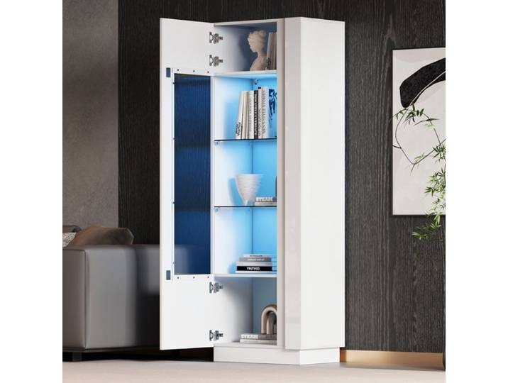 Vitrine LED 60x40x180 cm avec porte acrylique étagères en verre éclairage par application rangement blanc