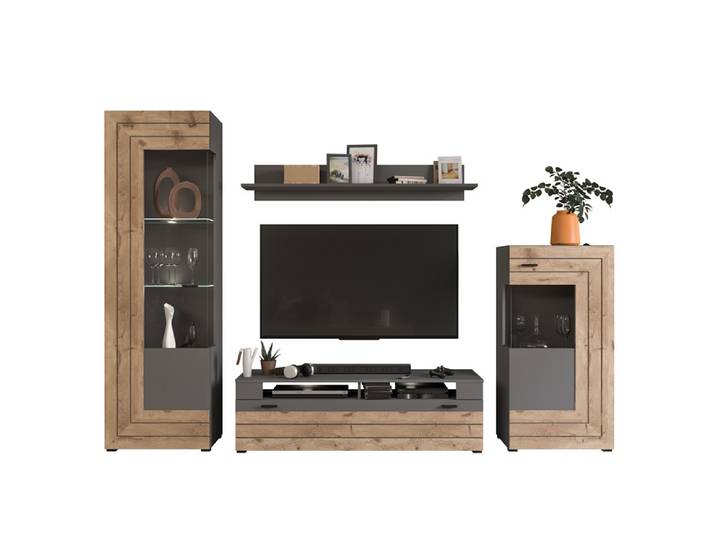 Wohnwand Freno , grau matt / Nox Oak , 4-teilig