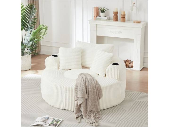 WOVREO Fauteuil lounge rond 1 place en velours côtelé beige 3 coussins 2 porte-gobelets