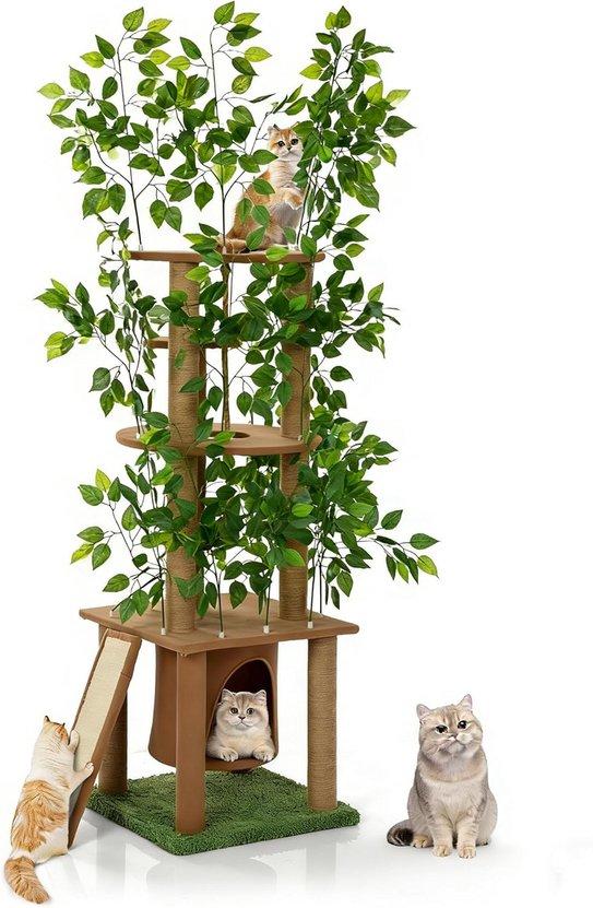Kratzbaum 5 Ebenen mit Grünen Kunstpflanzen - Spielspaß für Innen und Überdachten Außenbereich