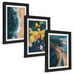 BILDER SET 3er Set - 20x30 cm Schwarzer Rahmen - Meerstrand Zitronen Berge