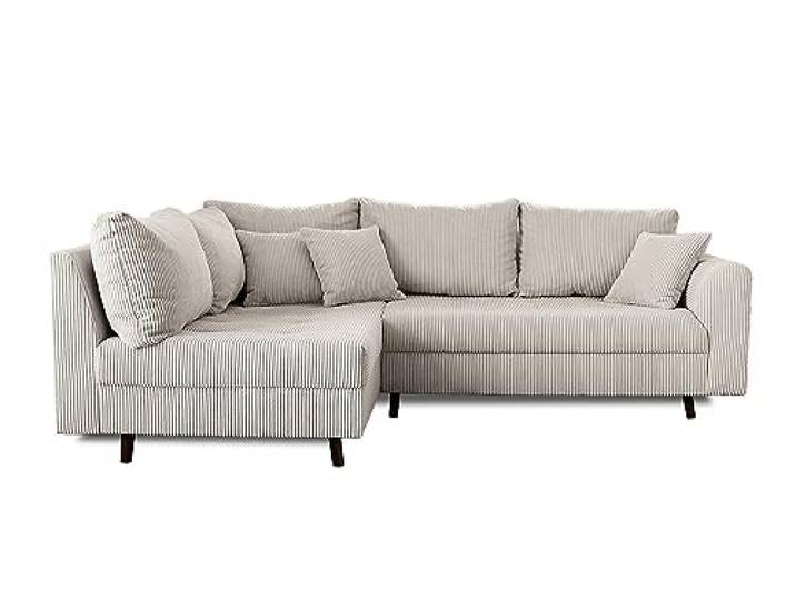 Rune – Ecksofa links – 4-Sitzer – mit hocker – aus Cord Hellgrau