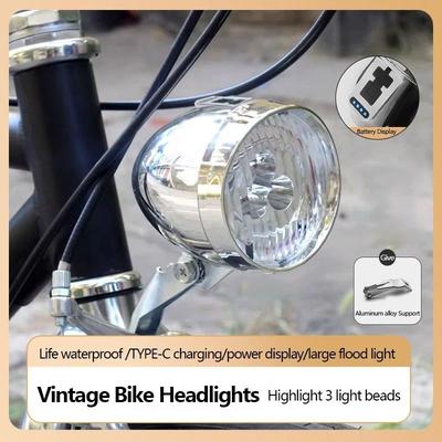 Uplifted Goods Vintage Style Bicycle Front LED Headlight For Night Riding Safety rechargeable Silver