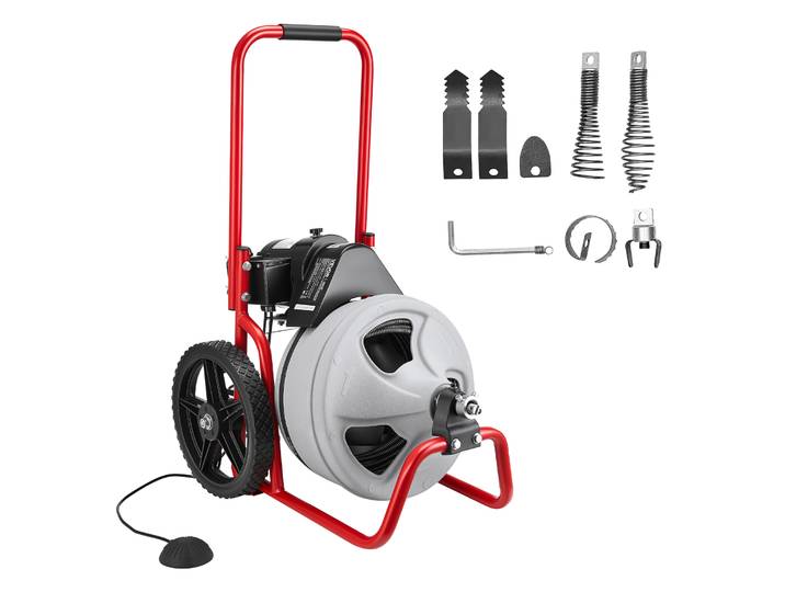 Vevor Furet Deboucheur Canalisation Electrique 22 M X 9\,5 Mm Furet Electrique Alimentation Manuelle Machine De Debouchage Sur Roues Pour Tuyaux 50-150 Mm\, 6 Coupeurs\, Interrupteur Au Pied Pneumatique