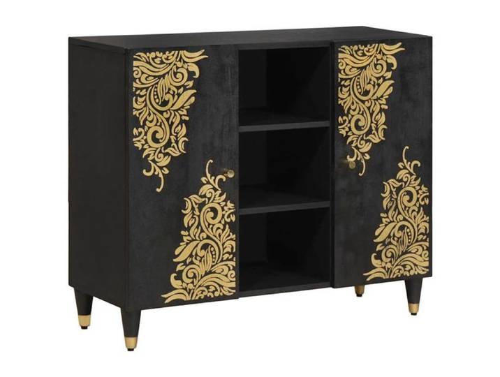 Buffet - VIDAXL - Vidaxl - Noir - Bois de manguier massif - Accents laiton et motif doré