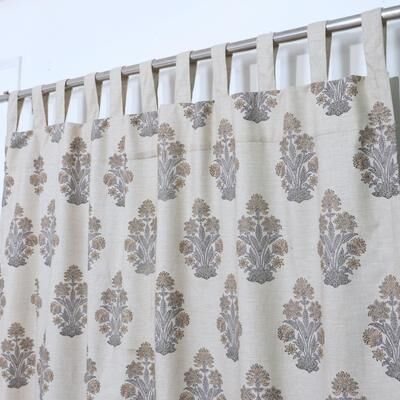 Fabdivine Botanical Floral Linen Blend Tab Top Curtain Panel, Hand Block Printed Farmhouse Decor - Morpankh