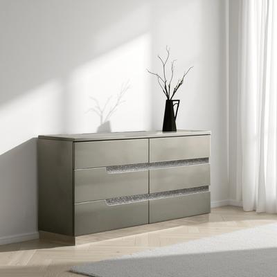 Benjara Theo Wide Dresser, 6 Drawers, Retro Style Gold Handles, Black 59 Inch