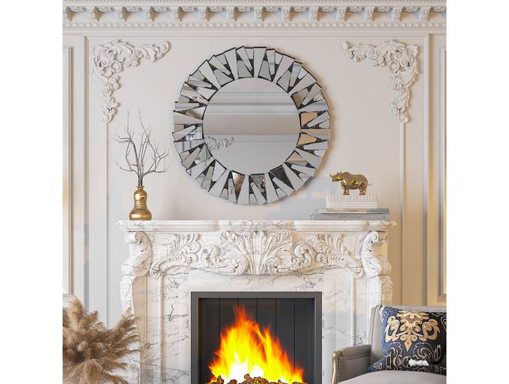 Miroirs muraux ronds décoratifs de 32 pouces, miroir Sunburst pour décoration murale, verre argenté moderne, acents circulaires suspendus biseautés muraux
