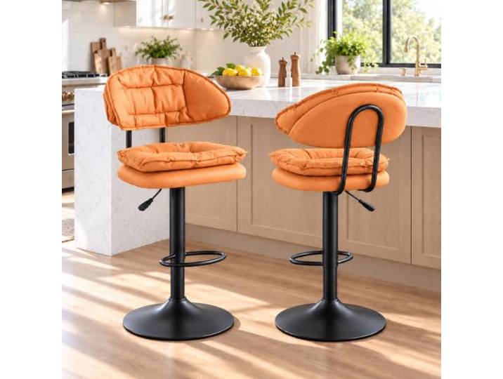 JS Ellie 2er-Set Drehbare Barhocker mit Rückenlehne, Ergonomisches Design Gepolsterter Stoffbezug, Höhenverstellbar, Für Kücheninseln, Bars, Cafés und Restaurants(Vita Orange,set of 2)