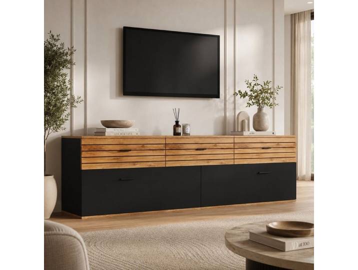 ULSAM Meuble TV 168 cm 3 Tiroirs Amortis 2 Portes Rabattables TV 65 Pouces - Bois Naturel/Noir