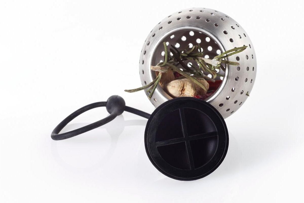 Teesieb ADHOC "Spice Bomb Schwarz/Silber", schwarz (schwarz, silberfarben), L:9cm Ø:7cm, Edelstahl, Silikon, Küchensiebe, Teesieb schwarz, silberfarben Einheitsgröße
