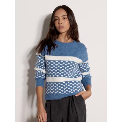 Strickpullover APRICOT "ohne Verschluss", Damen, Gr. 1, blau, gestrickt, , Modisch, normal Normale Länge, Rundhals, Gerippt, Pullover Strickpullover, mit Herz-Streifenmuster