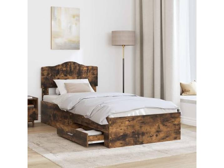 SKTQYQO Bettgestell Eiche Rauchgrau 100 x 200 cm aus mehrschichtigem Holz Mit Kopfteil, Schubladen, Lattenrost, Lattenrost, einfach zu montieren