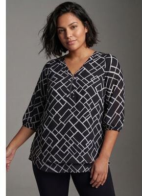 Plus Size Women's Meila Zip Top by Avenue in Black Bias Geo (Size 22/24)