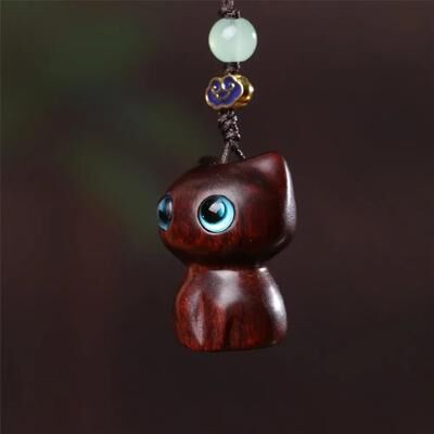Uplift Picks Sandalwood Wooden Cat Figurine Kawaii Hand Carved Cute Animal Desk Decor keychain Purple