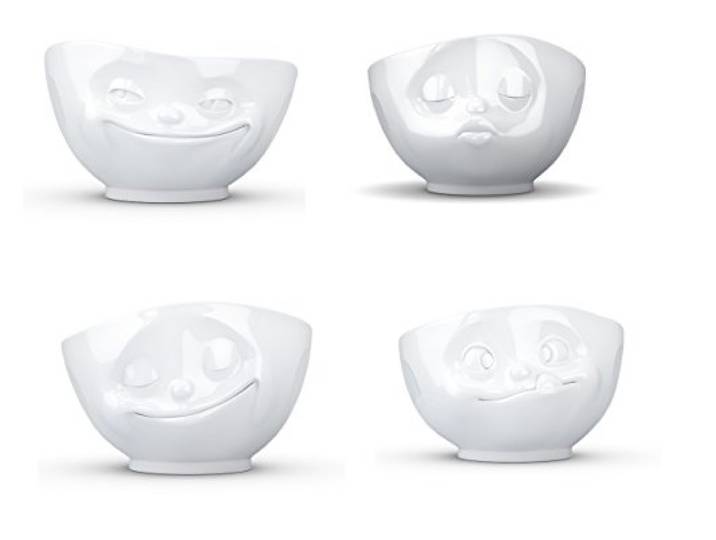 FIFTYEIGHT PRODUCTS TV Tassen Schalen 4er Set je 500ml Müslischalen GRINSEND, KÜSSEND, LECKER, GLÜCKLICH